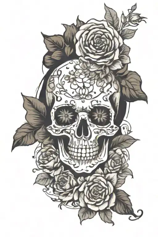 Skull Flowers And Compas And World Map