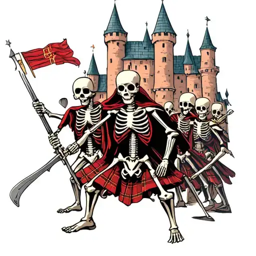 Scottish Skeleton Army Fighting In Front Of Castle