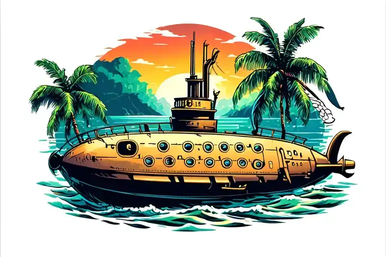Submarine Emerging In Tropical Island