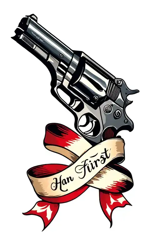 Han Solos Gun With A Ribbon Reading Han Shot First