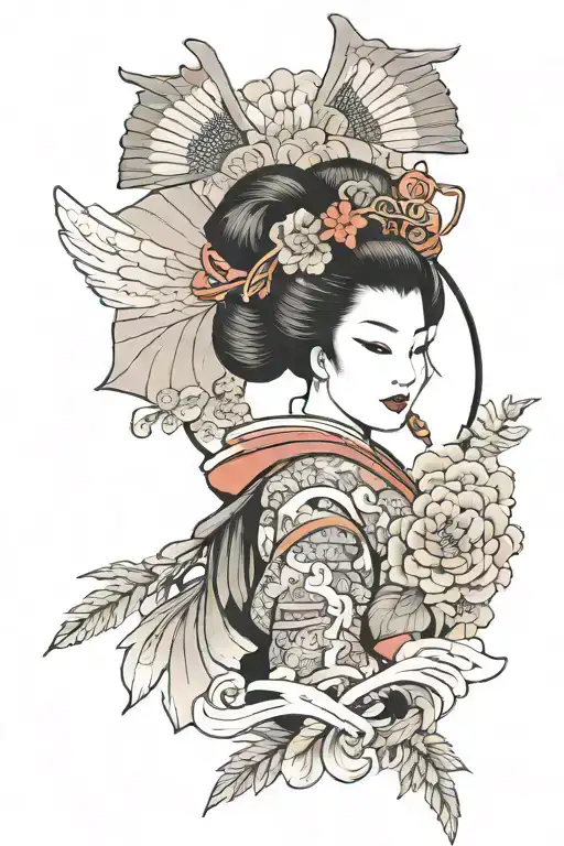 Geisha With Samurai Mask And Temple Surrounded