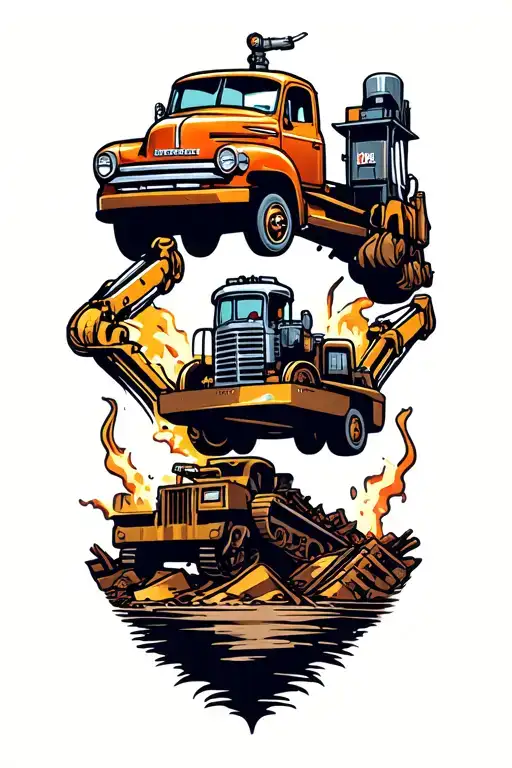 Excavation Scene Lifted Trucks Welding Boats Blowers Motors Cartoon