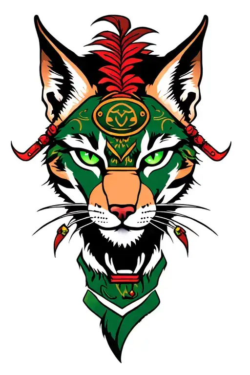 Samurai Lynx Face With Tufted Ears And Green Eyes