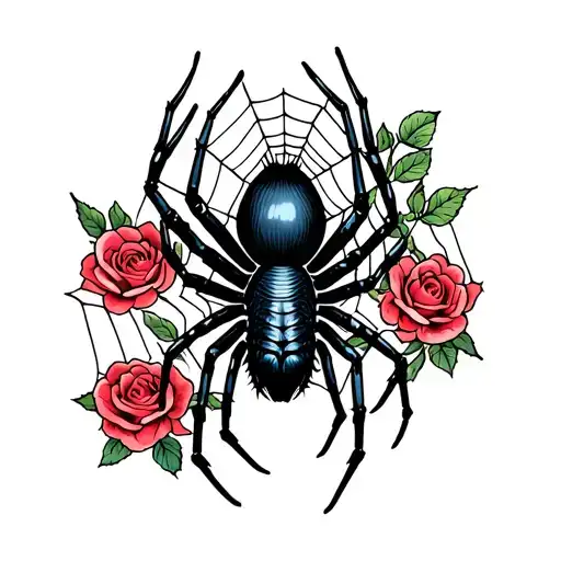 Black Widow Spiders With Webs And Roses Intertwined