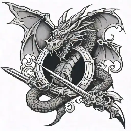 Dragon With Sword Black And Grey Traditonal