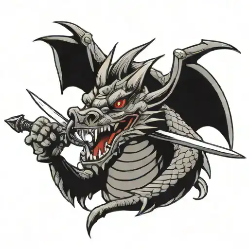 Dragon With Sword Black And Grey Traditonal