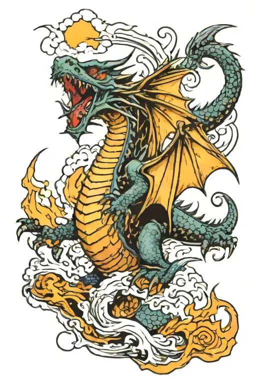 An Injured Dragon Rising In A Storm And Breathing Fire