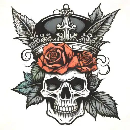 Tradituonal Skull And Roses And Crowns