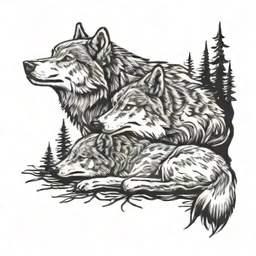 2 Wolves Laying Next To Each Other In The Forest Scene