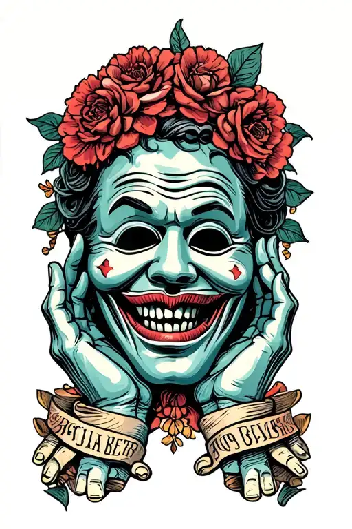 Tragedy And Comedy Mask With Hands Above And Below