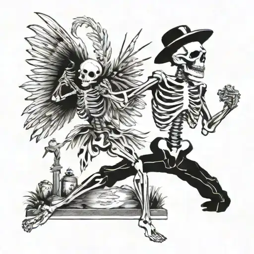 A Weaver Dancing With A Alive Skeleton Near A Grave