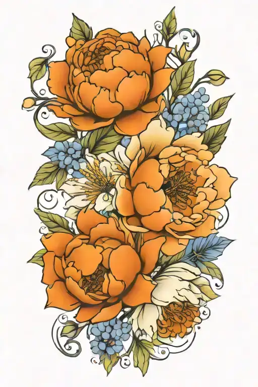 A Peony And Larkspur Bouquet Intertwined With Paintbrushes And Splashes Of Orange Paint