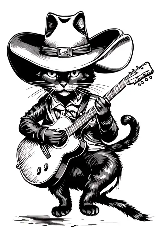Black Cat In A Cowboy Hat Playing Guitar