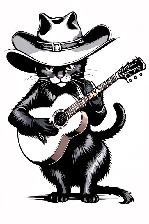 Black Cat In A Cowboy Hat Playing Guitar