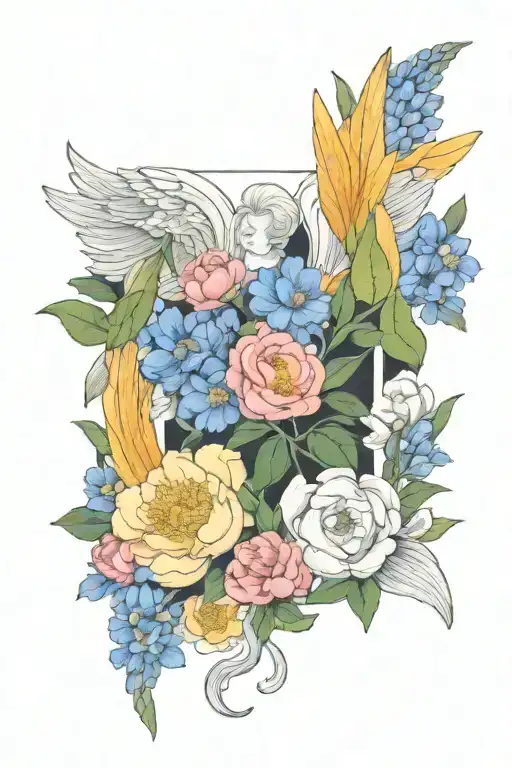 Angel Wings Surrounded By Larkspur And Peony Flowers
