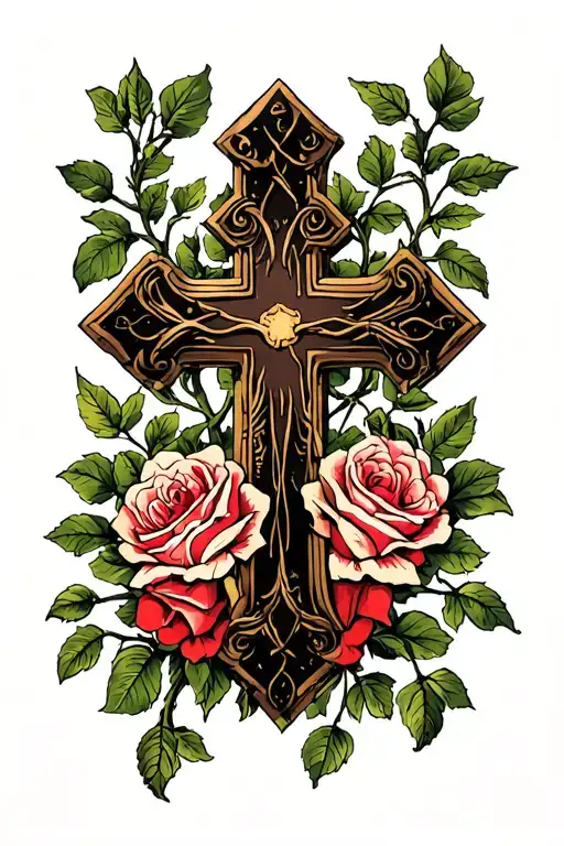 Cross Surrounded With Vines And Roses Growing
