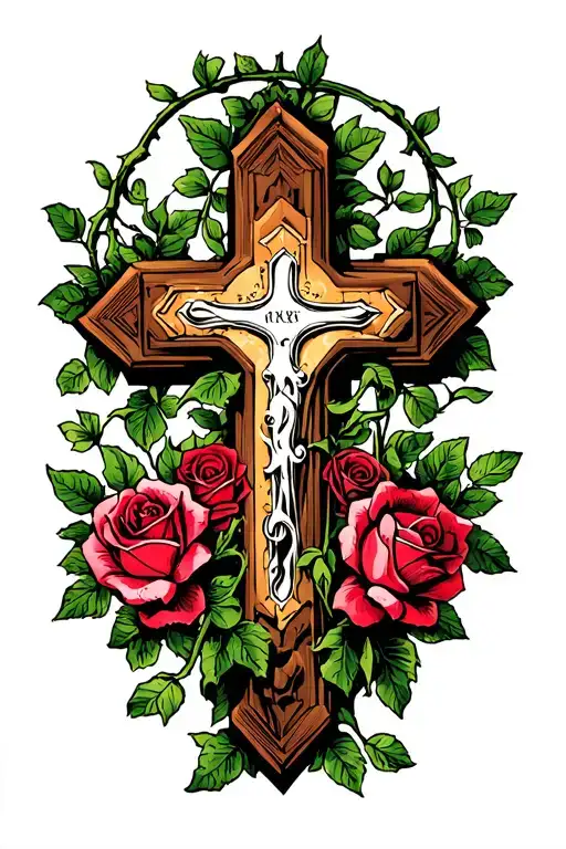 Cross Surrounded With Vines And Roses Growing Together