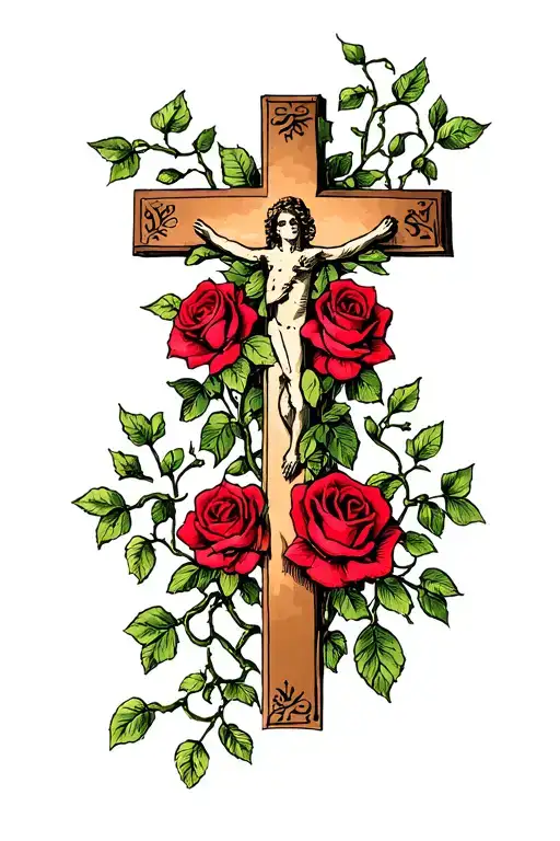 Cross Surrounded With Vines And Roses Growing Slowly