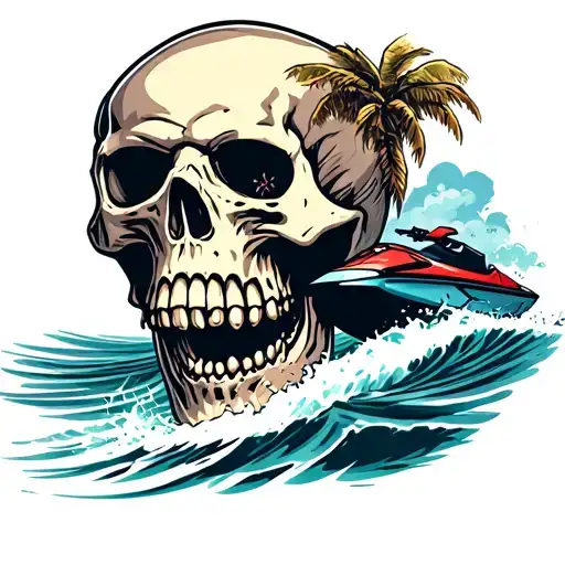 A Scary Skull With A Jet Ski Coming Thru The Mouth