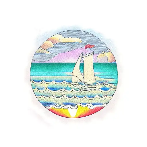 Traditional-style Tattoo Of A Beach Sunset With A Hidden Equation Incorporated Into The Waves