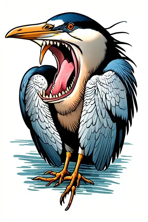 Heron With Human Mouth And Teeth Inside Of Its Open Beak