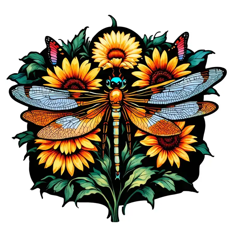 Dragon Flies Butterflies Sun Flowers