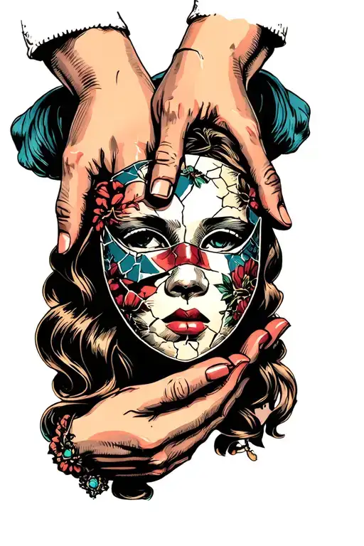 Hands Holding A Mask That Is A Girls Face That Is Cracked