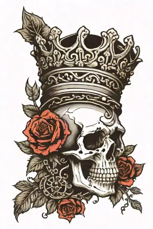 Black And White Skull Side Profile Wearing A Crown And Chain Surrounded By Roses