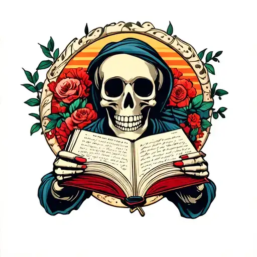 American Traditional Tattoo Of Skeleton Reading A Book