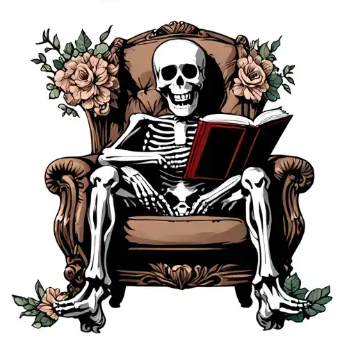 Black And Grey American Traditional Tattoo Of Skeleton Sitting In A Chair Reading A Book