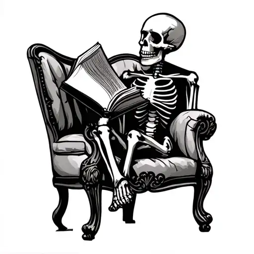 Side Profile Of A Skeleton Sitting In A Chair Reading A Book In Black And Grey Traditional Style
