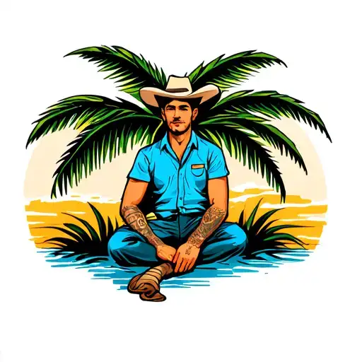 A Man In The Shirts And Panama Sits Under A Palm Tree