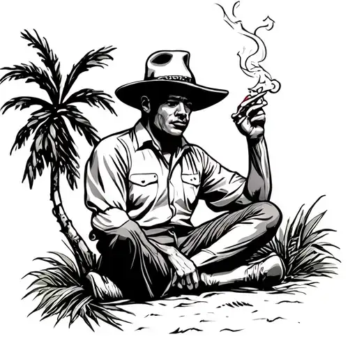 A Man In The Shirts And Panama Sits Under The Palm Side And Smokes A Cigarette