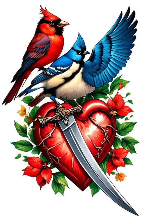 Dagger Through A Heart With A Blue Jay And Cardinal Flying Around It