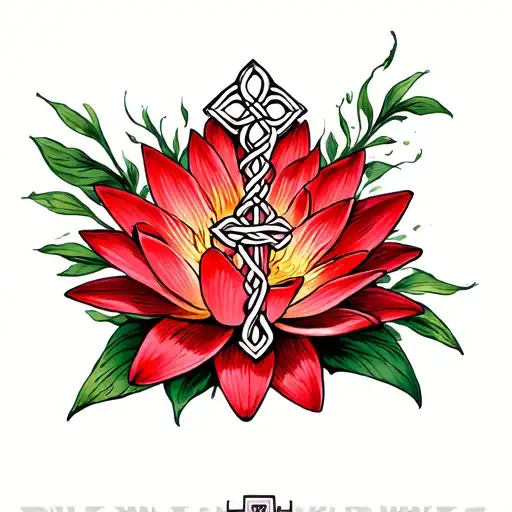 Witches Knot Cross And Red Water Lily Flower