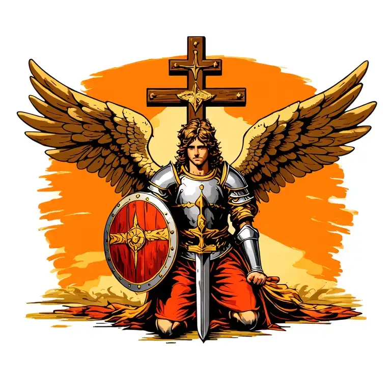Angel In Full Armor Holding Sword And Shield Kneeling In Front Of A Cross