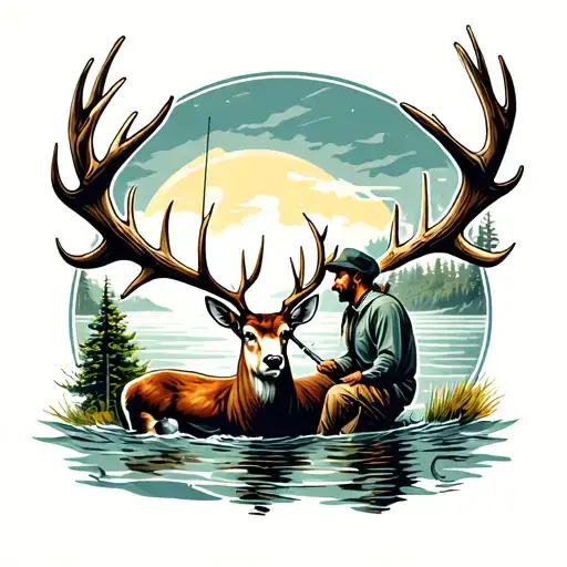 Deer Antler With Man Fishing Behind