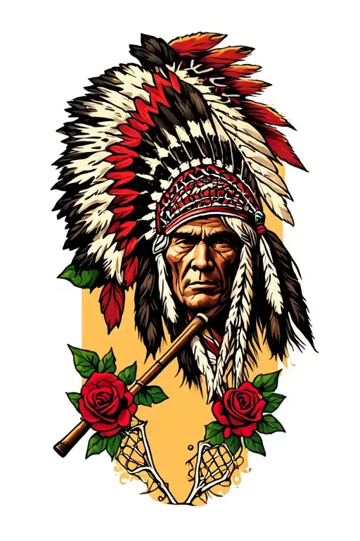 Lacrosse Stick With Indian Chief And Roses