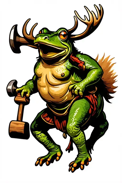 Frog Holding Sledge Hammer Riding Elk
