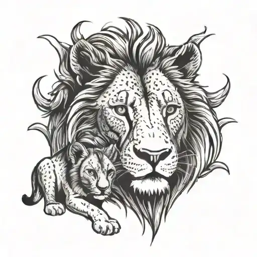Lion And Cub Staring With Lioness Symbolizing Strength