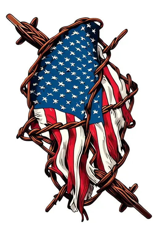 Barbed Wire Wrapped With American Flag