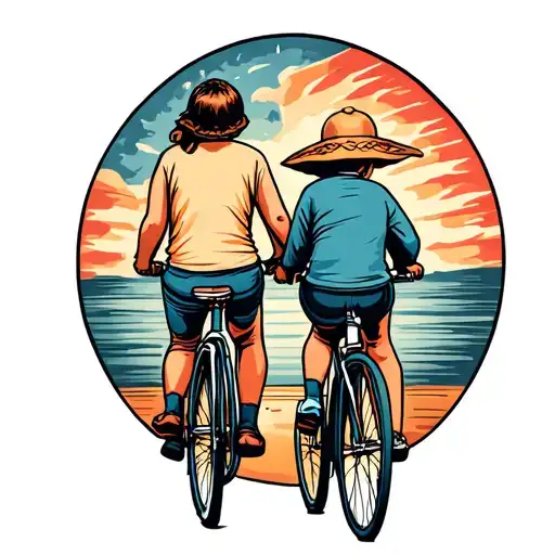 Parent And Child Riding Bicycles Side By Side Back View
