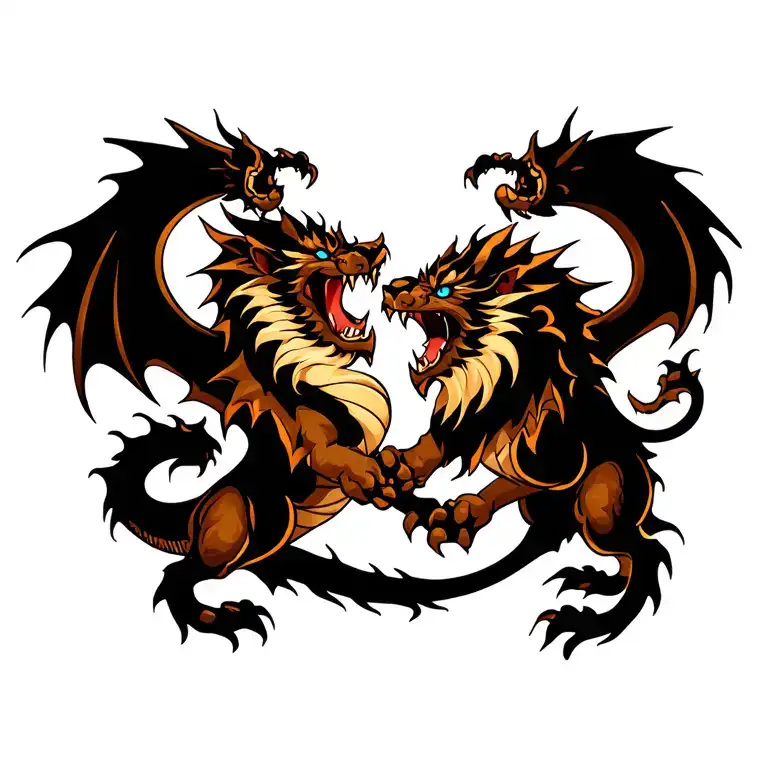 Dragon With Blue Eyes Fighting A Lion Roaring