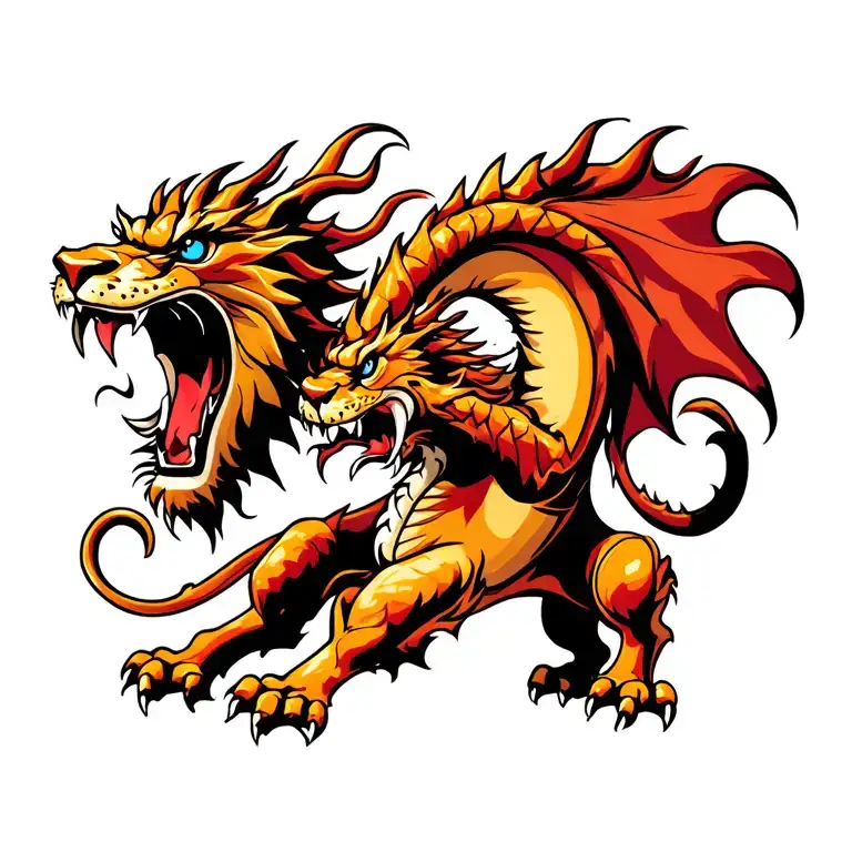 Dragon With Blue Eyes Fighting A Lion Roaring