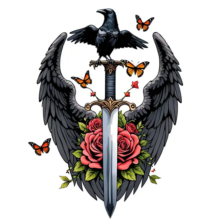 Angel Wings Behind A Sword With A Raven On Top With Roses And Monarch Butterflies