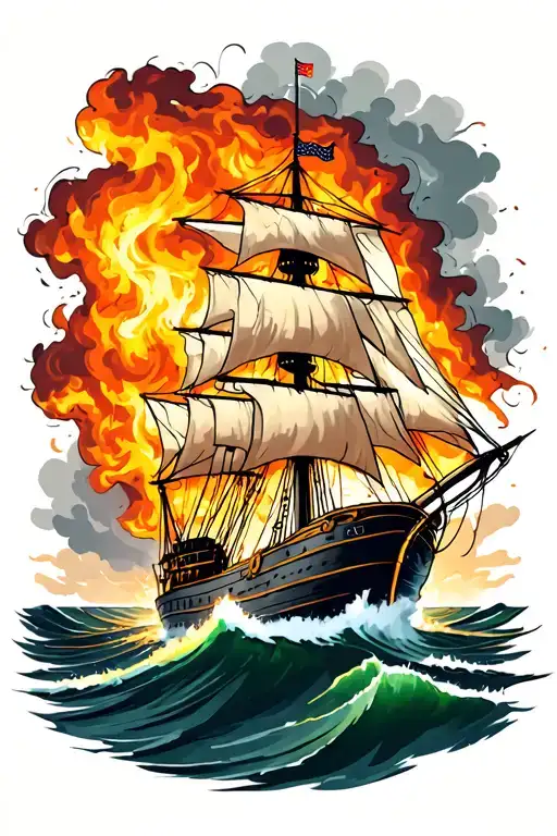 Burning Ship Sailing Through Stormy