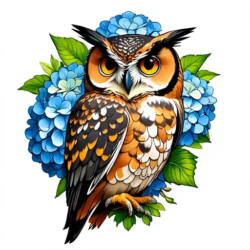 A Owl Head Surrounded By Hydrangea Flowers Blooming