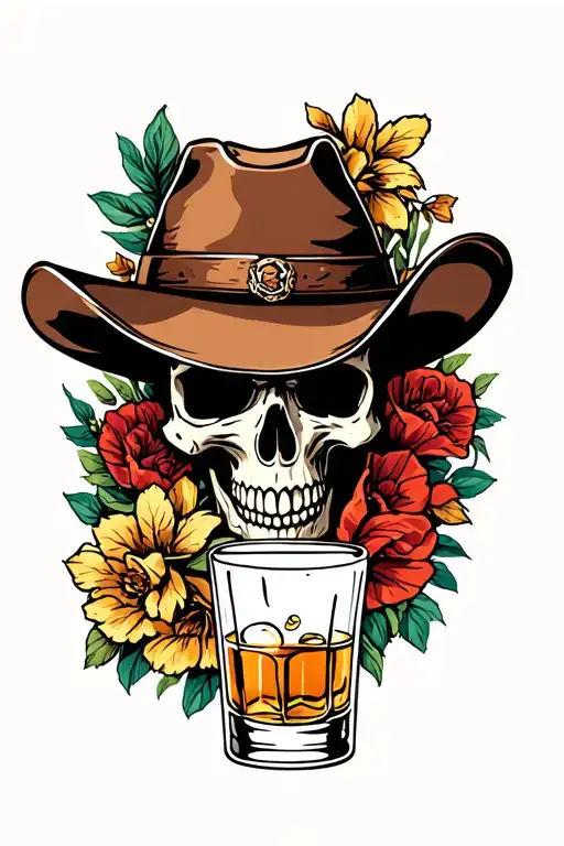 Cowboy Skull And Whiskey Glass No Background
