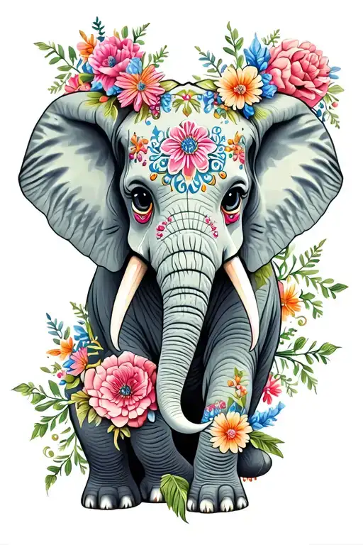 Day Of The Dead Elephant Pink And Blue Flowers