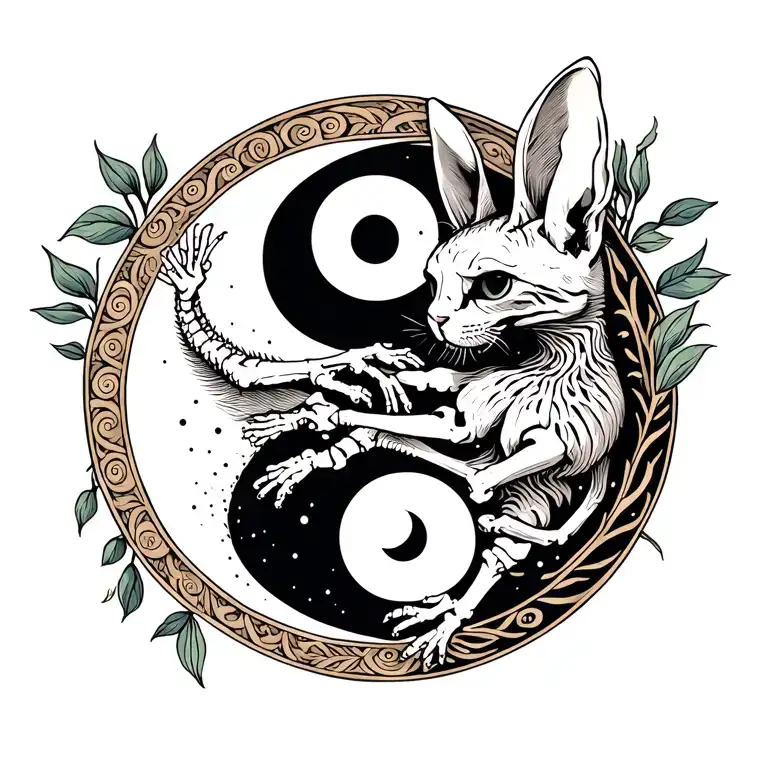 Yin Yang Made With Skeletal Cat And Skeletal Hare Chasing Each Other Inside The Yin Yang